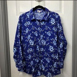 Woman Within Blue floral Cotton button-up shirt floral shirt cottagcore 14/16